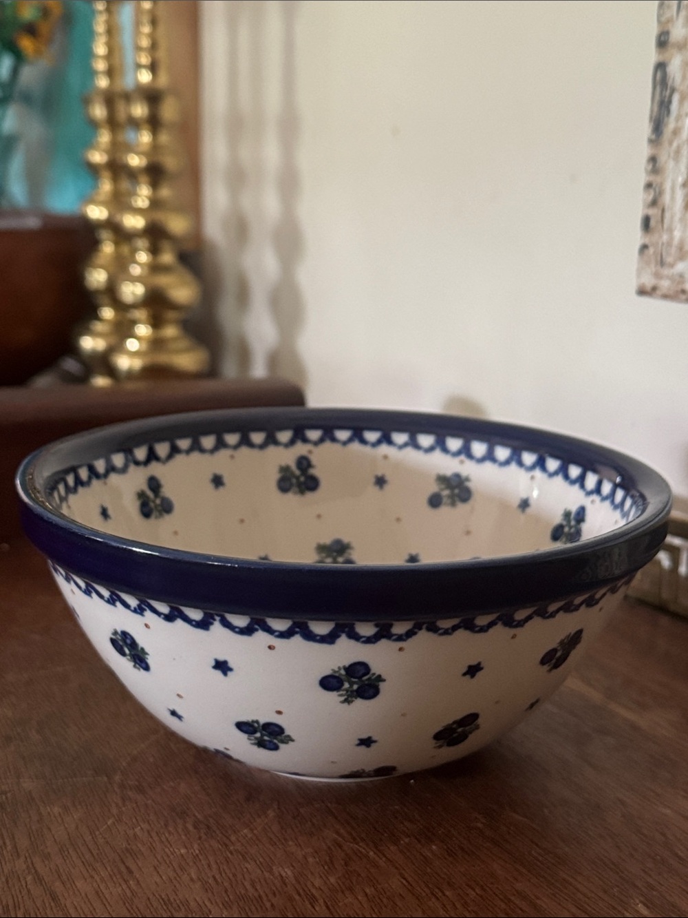 Boleslawiec Polish Pottery Hand Made Serving Bowl, Blueberry and Stars Pattern